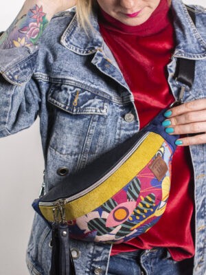 Granatowa nerka saszetka damska z motywem oka tkanina korkowa MAGICZNE SPOJRZENIE