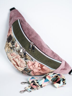 Brudny róż nerka damska pastelowa torebka w róże z kolorowym paskiem KWIATOWA SIELANKA