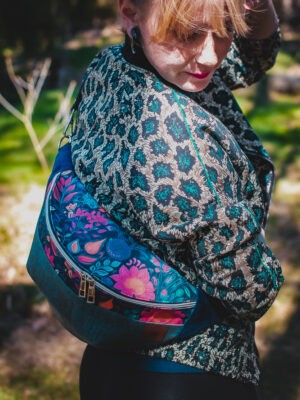 Turkusowa nerka damska torebka z korka MALOWANE KWIATY