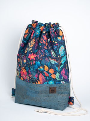 Turkusowy workoplecak w kolorowe kwiaty tkanina korkowa MALOWANE KWIATY