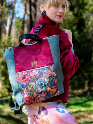 Turkusowa torebka damska w kwiaty kolorowy plecak miejski do pracy RÓŻANA AURA