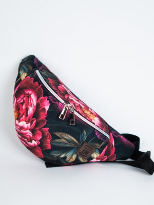 Czarna sportowa nerka damska saszetka w kwiaty peonie DOTYK PEONII