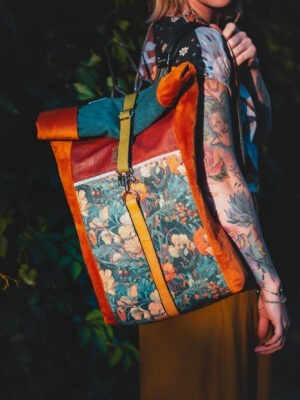 Musztardowy plecak damski miejski plecak do pracy KWIATOWA NOSTALGIA