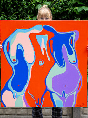 OTULENIE – abstrakcyjny obraz akrylowy 100x100 cm, intensywna czerwień