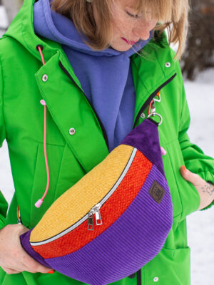 Duża fioletowa nerka damska ze sztruksu kolorowa torebka dla kobiety z kolorowym paskiem ENERGIA ŻYCIA